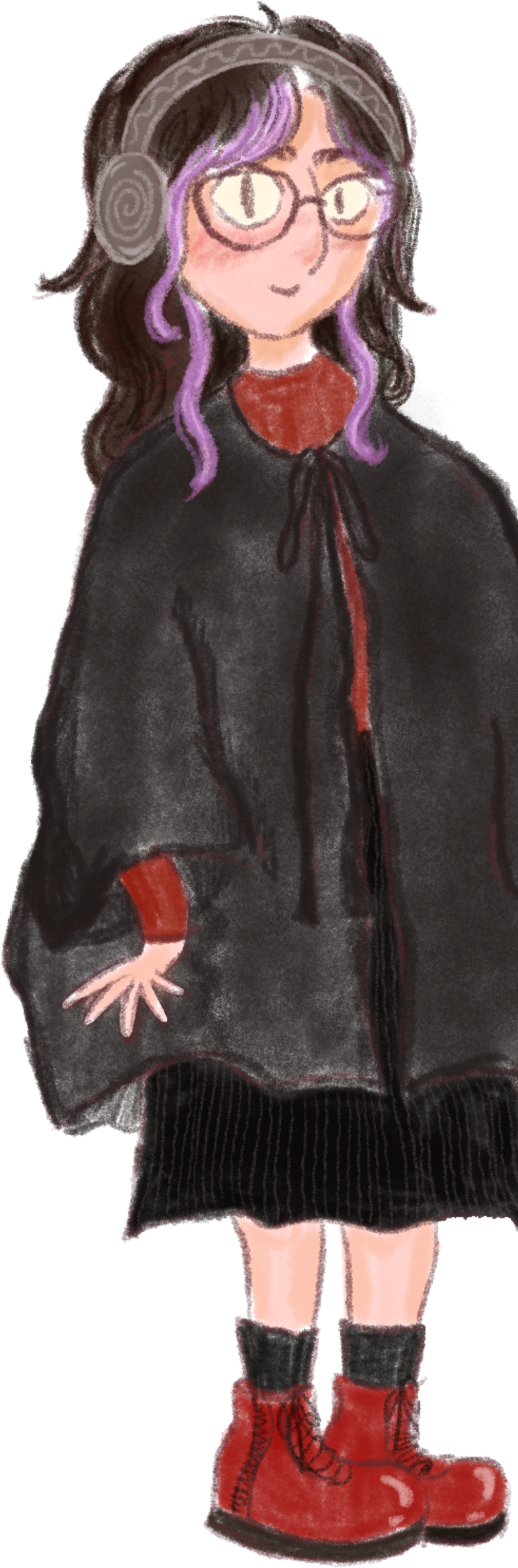 Illustration of Ece — purple hair, glasses, headphones, black coat, red boots.