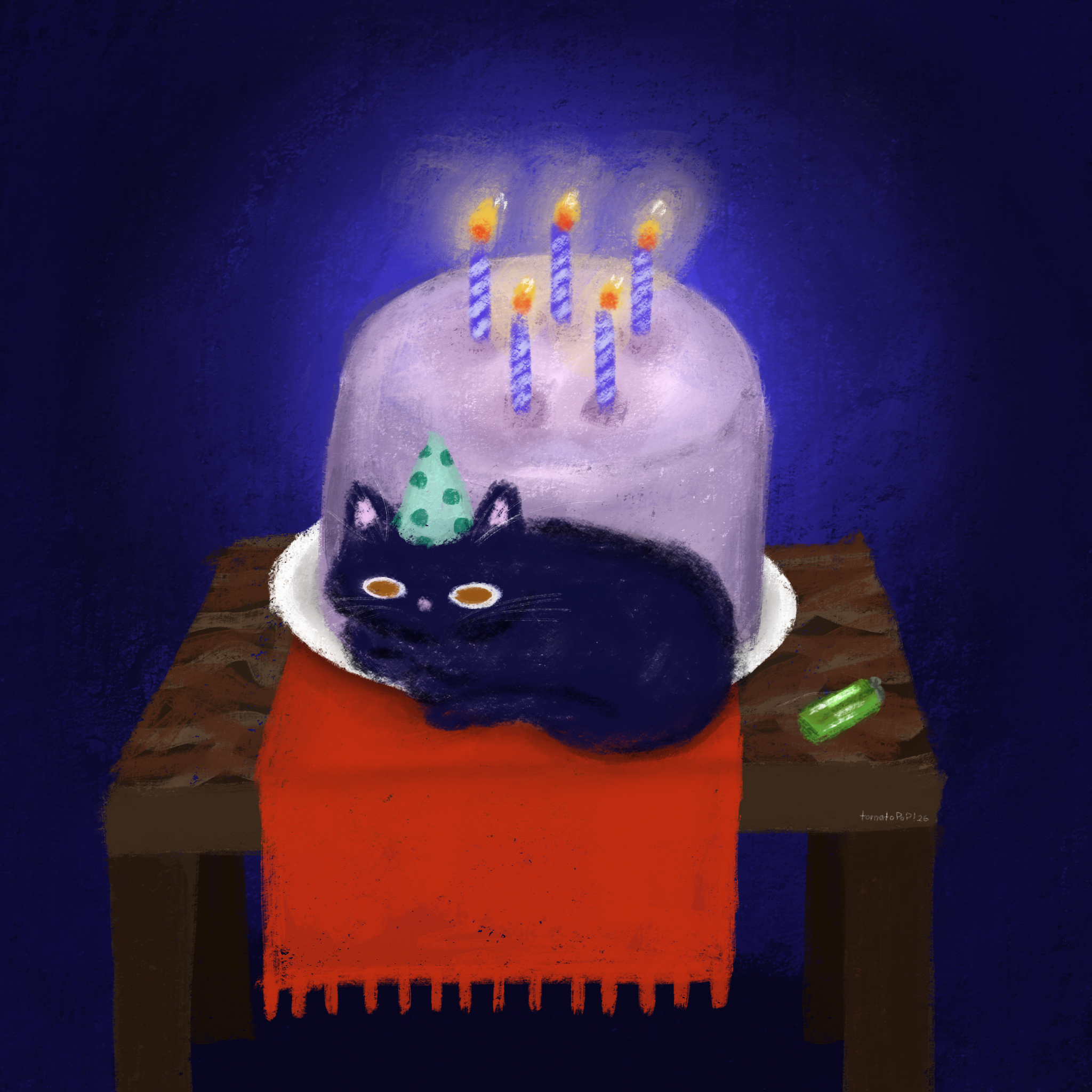 Illustration of a black cat wearing a party hat, curled up under a cake dome with lit candles