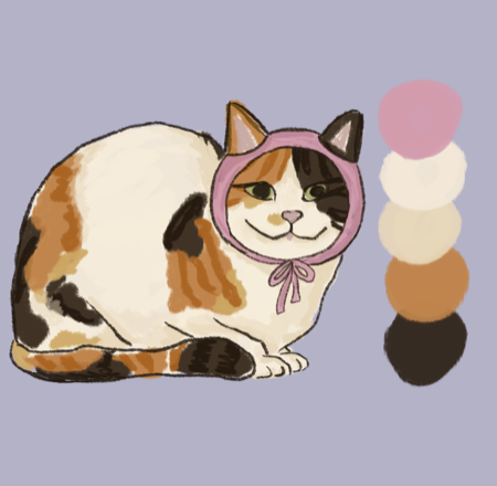 Illustration of the same calico cat with a color palette