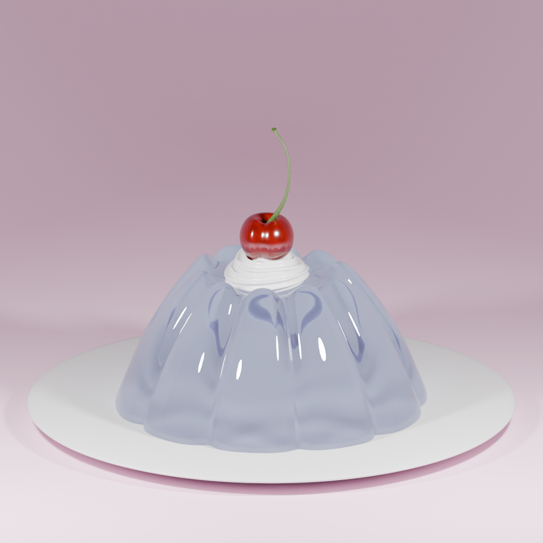 3D render of a jiggly jelly dessert with a cherry on top