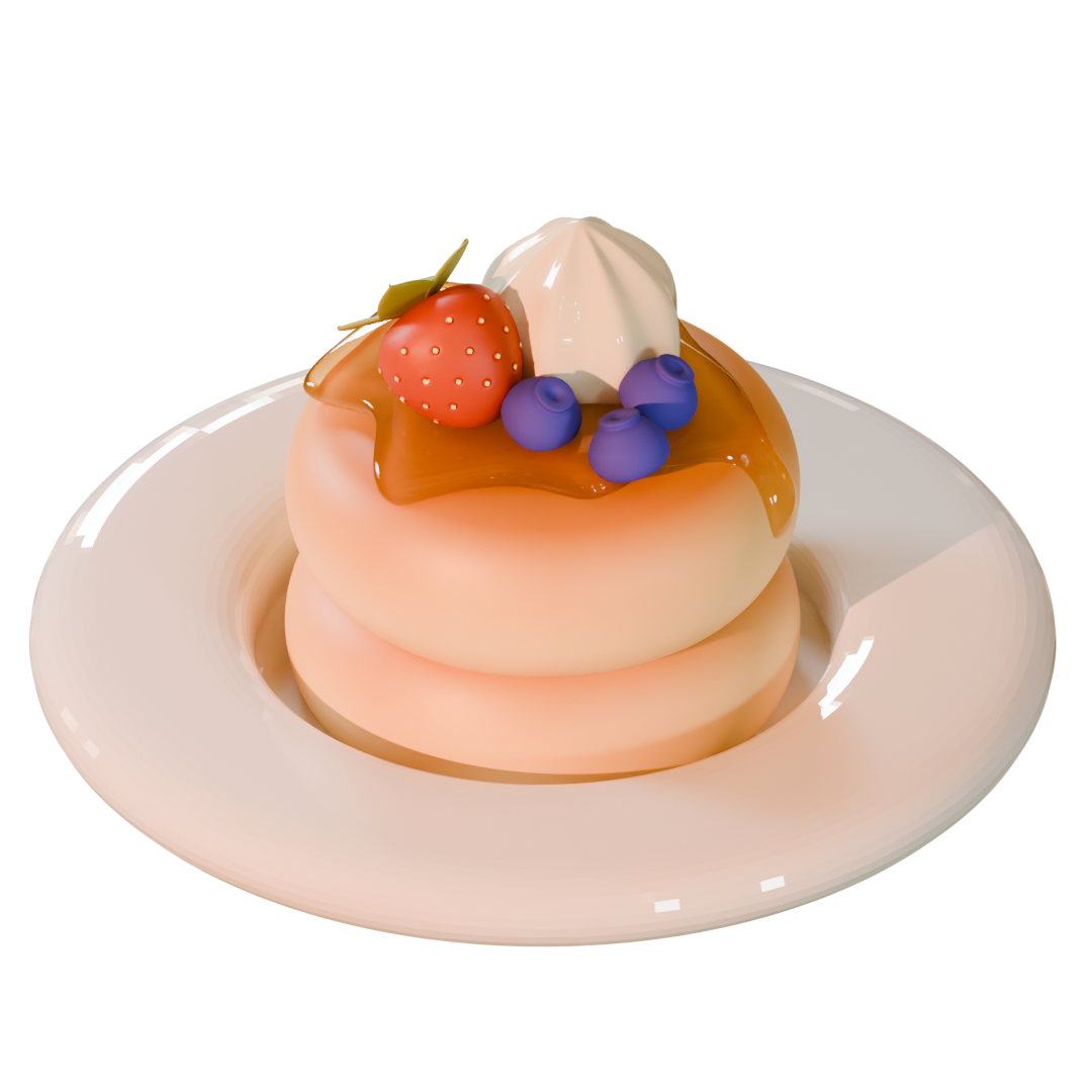 3D render of a stacked pancake dessert with berries and cream