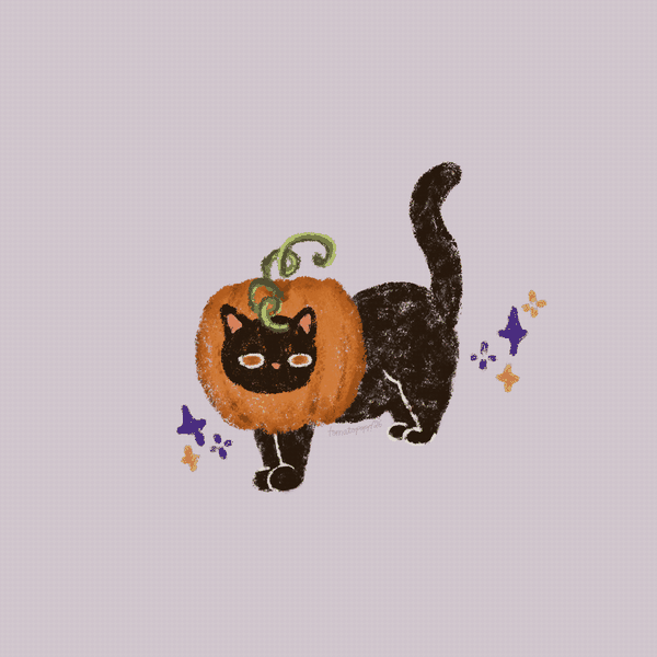 Animated illustration of a black cat wearing a pumpkin costume