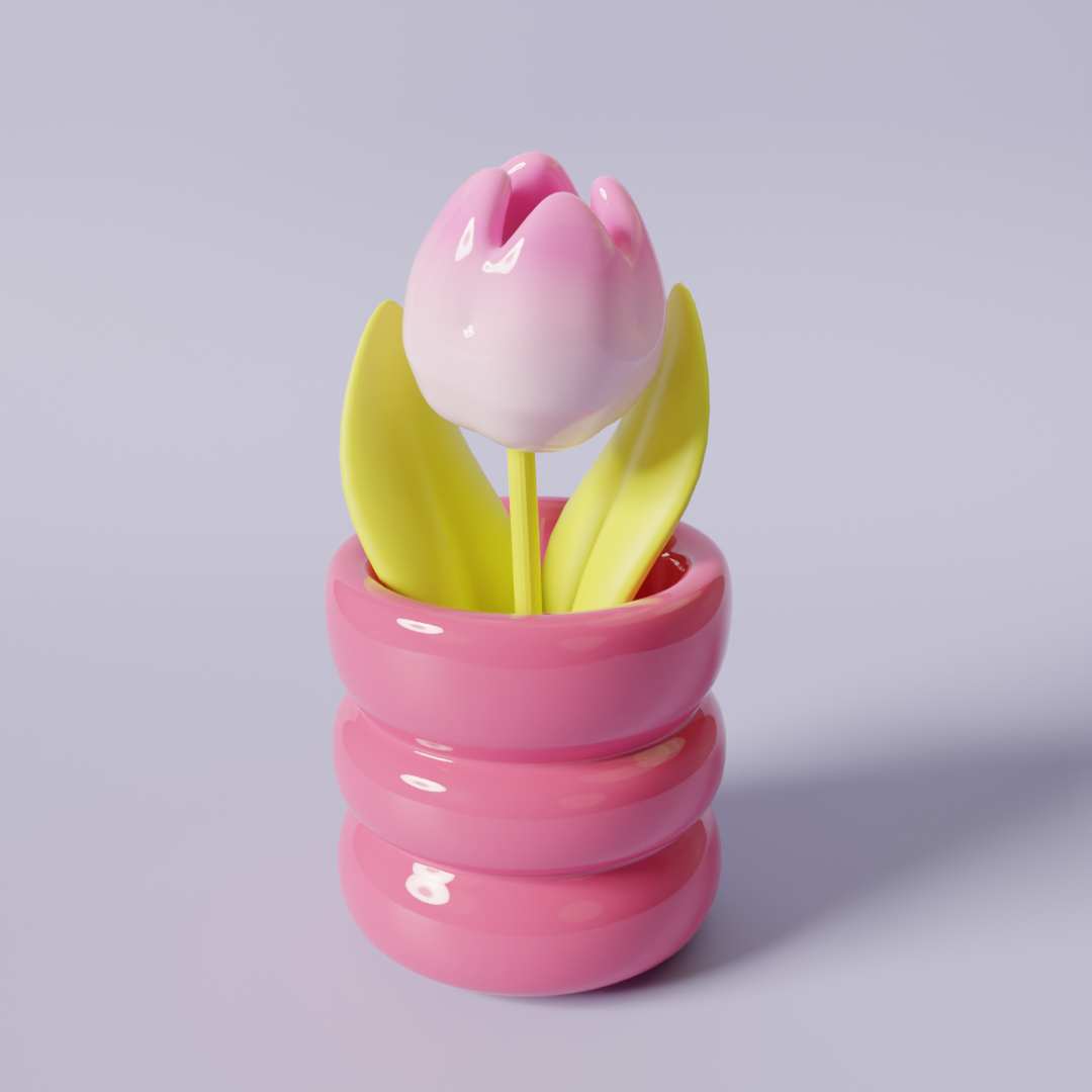 3D render of a pink tulip in a pink ribbed pot