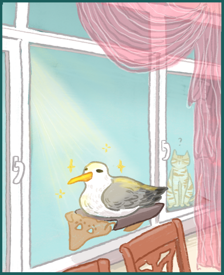 Illustration of a seagull and cat by a window