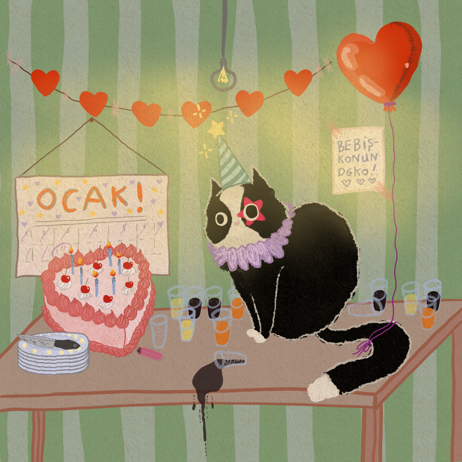 Illustration of a cat with a birthday cake