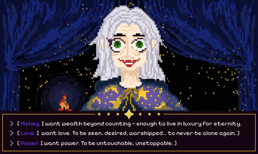 Screenshot of the witch offering the player a choice between money, love, and power
